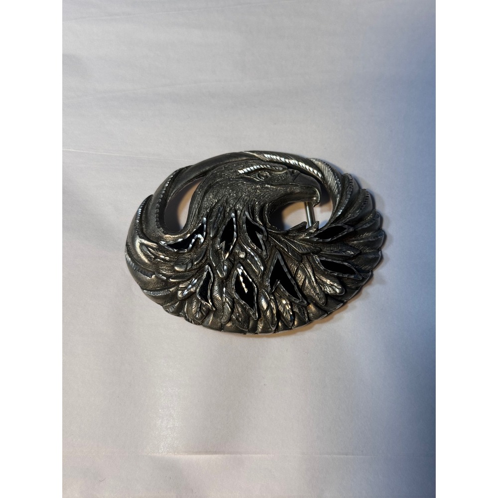 Vintage 1995 EJC Pewter Bald Eagle Belt Buckle Diamond Cut Black Enamel USA.
